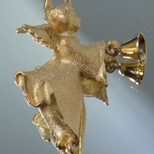 Vintage Angel With Bell Brooch Pin GG Signed gold